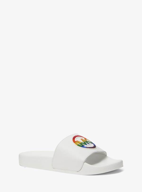 Panske Slapky Michael Kors PRIDE Jake Rainbow Embellished Logo Leather Biele - Topanky Michael Kors Vypredaj | LORWM-0245